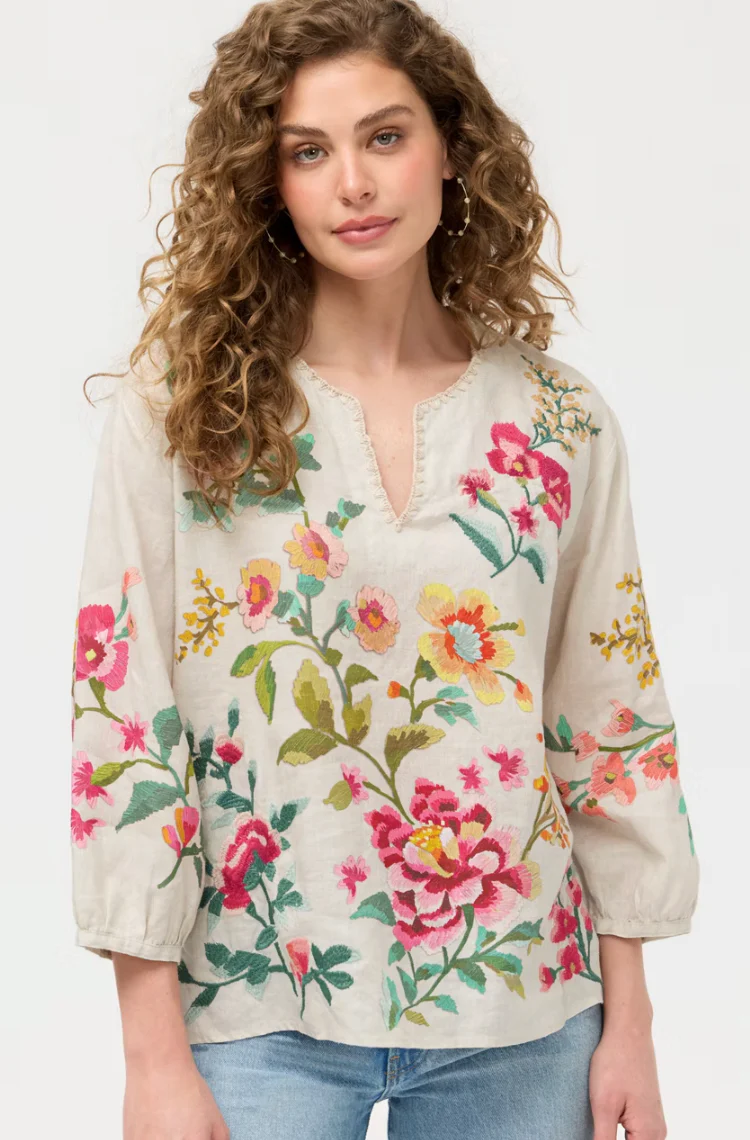 Split Neck Linen Blouse - Miraze - Women's