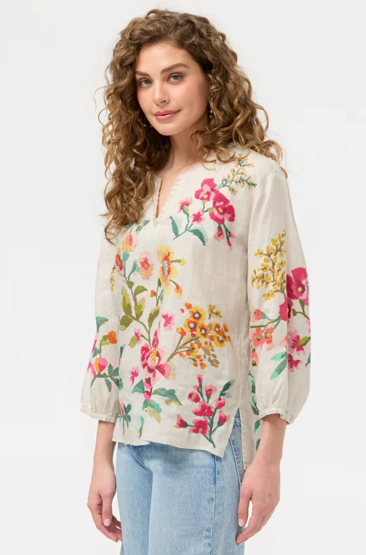 Split Neck Linen Blouse - Miraze - Women's - Image 2